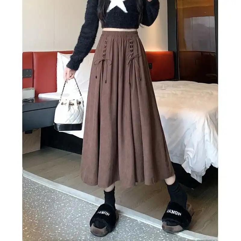 Chenier Spódnica Midi Damska Nowa Jesień Wysoki Stan Wisząca Średniej Długości A-linia Duża Spódnica z Rozkloszowanym Dołem