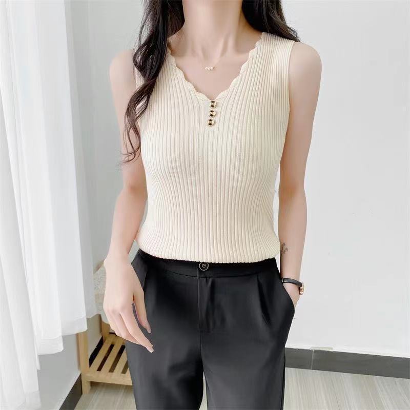 Ice Silk Small Suspender Sleeveless Vest for Women's Summer Outer Wear with Loose Short V-neck Knitted Bottoming Shirt Top