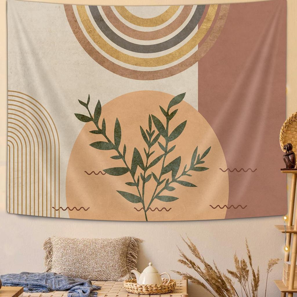 Mid Century Modern Abstracte Kunst Wandkleed, Minimalistisch Salieplant Zon Retro Boho Wandkleed, Geel Wit Bruin Geometrisch