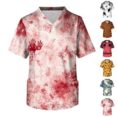 Men's V Neck Short Sleeve Halloween Print Medical Scrub Top with Chest Pocket and Two Front Pockets Suitable for Healthcare Professionals