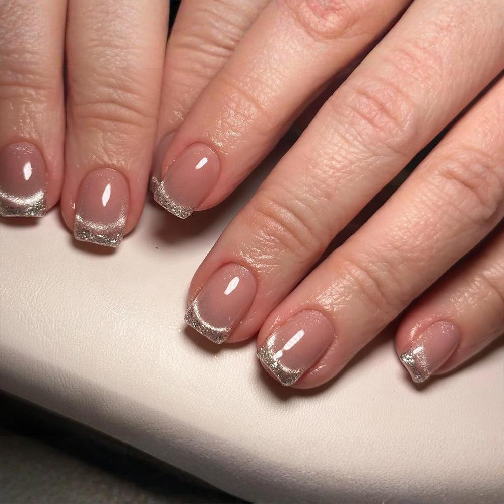 24Pcs Short French Tip False Nails Shimmer Ballet Nail Art Full Cover Sheer Press On Manicure Tips For Girls Daily Wear