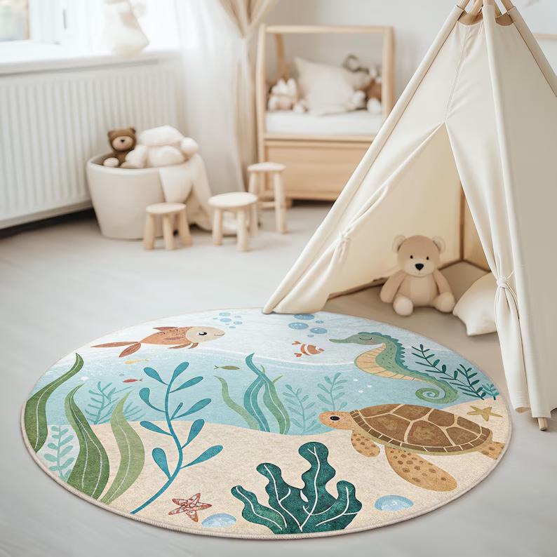 Vibrant Underwater World Rug Round Ocean Carpet with Turtle Seahorse & Fishes Colorful Marine Life Mat for Kids Room Beach Decor