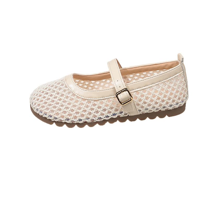 2025 summer new single shoes women's one-word buckle fishing net shoes hollow breathable Mary Jane shoes