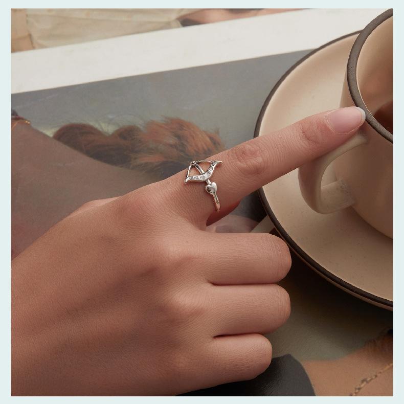 S925 Sterling Silver Cupid'S Arrow Open Ring, Personalized Romantic Heart Arrow Adjustable Ring