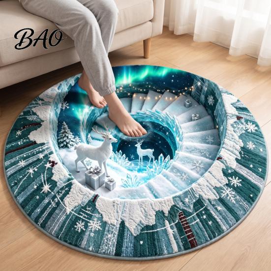 Living Room Xmas Rug 3D Optical Illusion Round Christmas Rug, Cute Santa Claus Crystal Velvet Floor Mat, Non Slip Decor Vivid Printed Circular Carpet