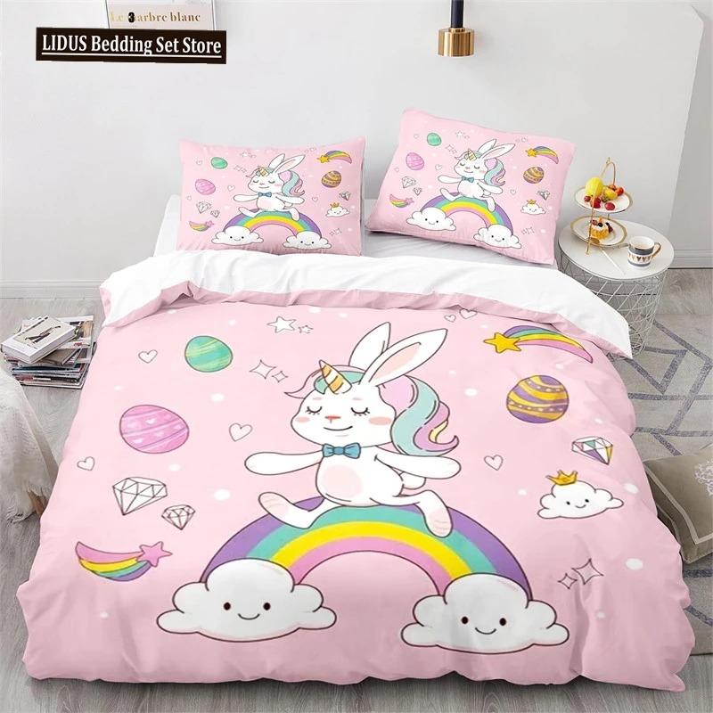 

Мультяшное животное пододеяльник Милый радужный кролик Постельный комплект Микрофибра Покрывало для дикой природы Полуторный размер Для девочек мальчиков Кавайная комната EU Single 135x200cm