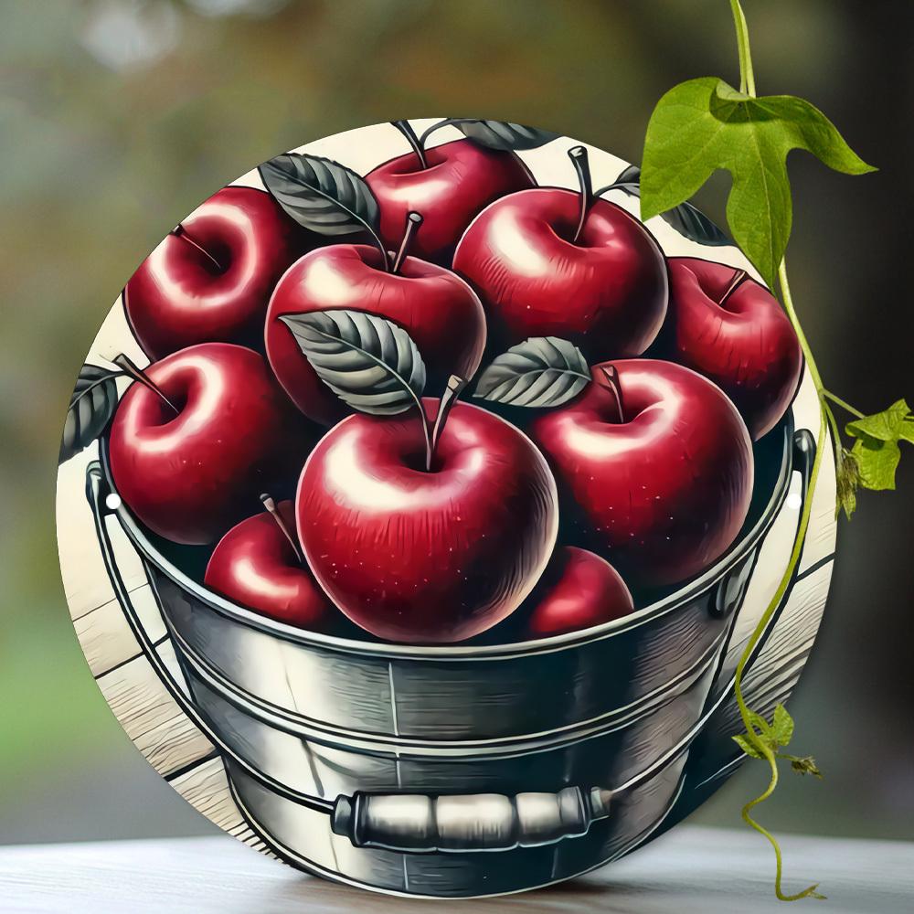 HD Tin Sign Red Apples In Metal Bucket Round Metal Wall Art Farmhouse Kitchen Decor