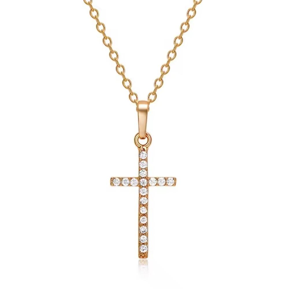Fashion Rhinestone Cross Necklaces Silver Gold Color Long Chain Simple Pendants for Women Men Zircon Jewelry Gifts