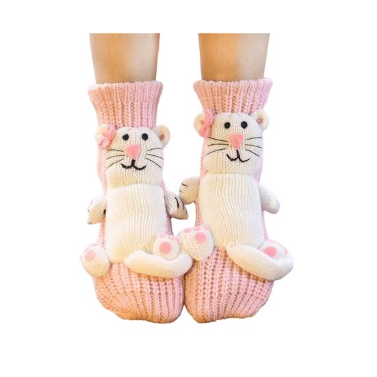 1 Pair Knitted Animal Socks Autumn Winter Thick Warm Knitting 3D Animal Doll Mid-calf Socks Women Stretch Home Floor Carpet Sleeping Socks