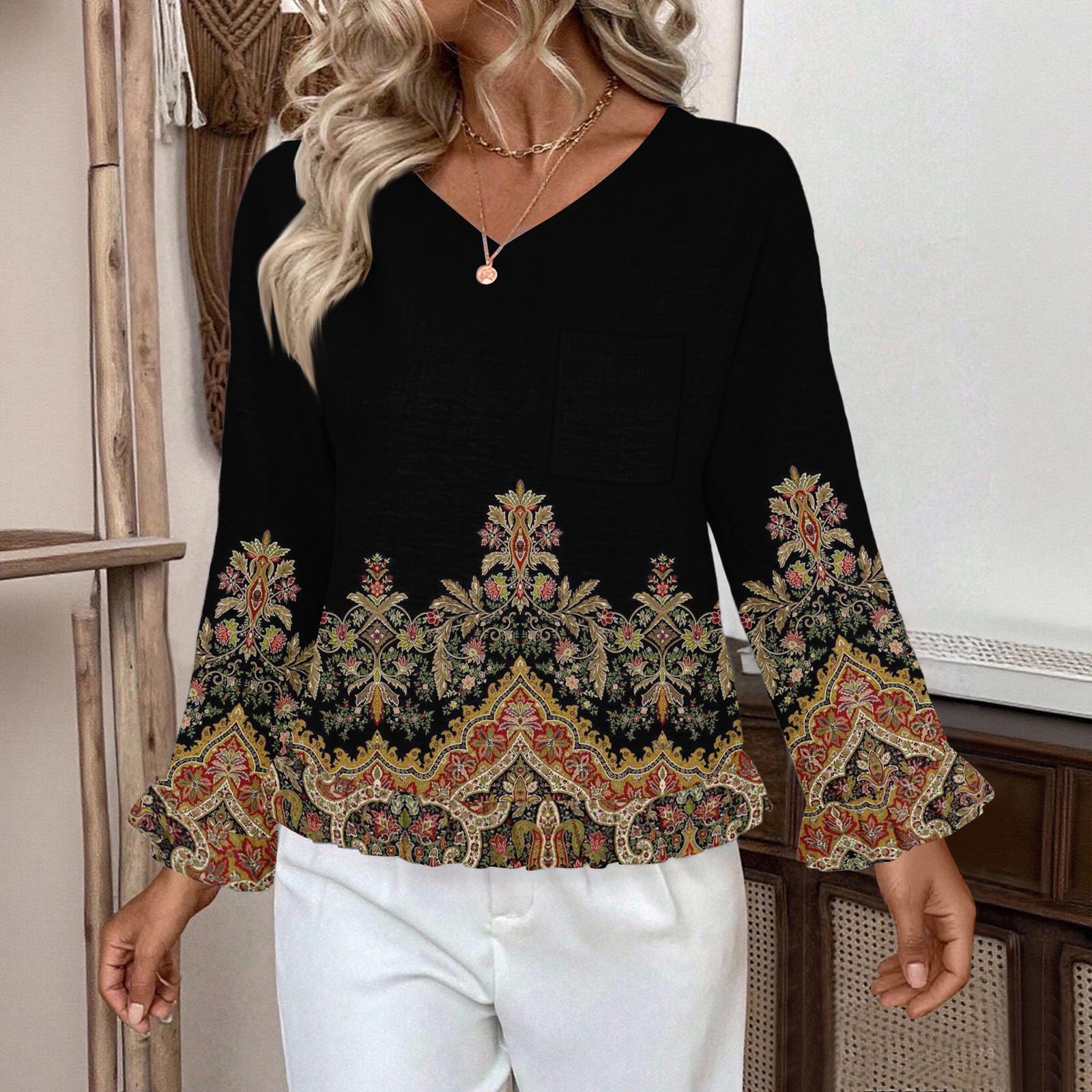 

Женский повседневный модный топ с оборками, V-образным вырезом, карманом и принтом в стиле ретро, с длинным рукавом L чёрный