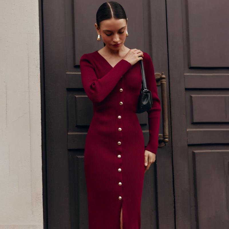 Casual Long Sleeve Knit Ribbed Dress Button Slit Female Sweater Cardigan Dresses Slim Solid Elegant Office Ladies Clothes