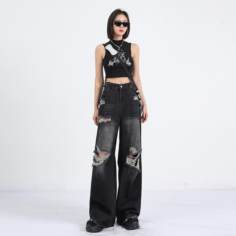 Retro High Street Ripped Jeans for Women Fashion Straight Denim Trousers Baggy Wide-leg Pants Y2k Streetwear Female Plus Size