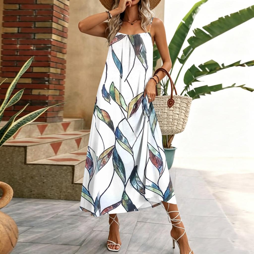 Women Sleeveless Maxi Dress Spaghetti Strap Floral Geometric Print Long Dress Casual Summer Vacation Beachwear