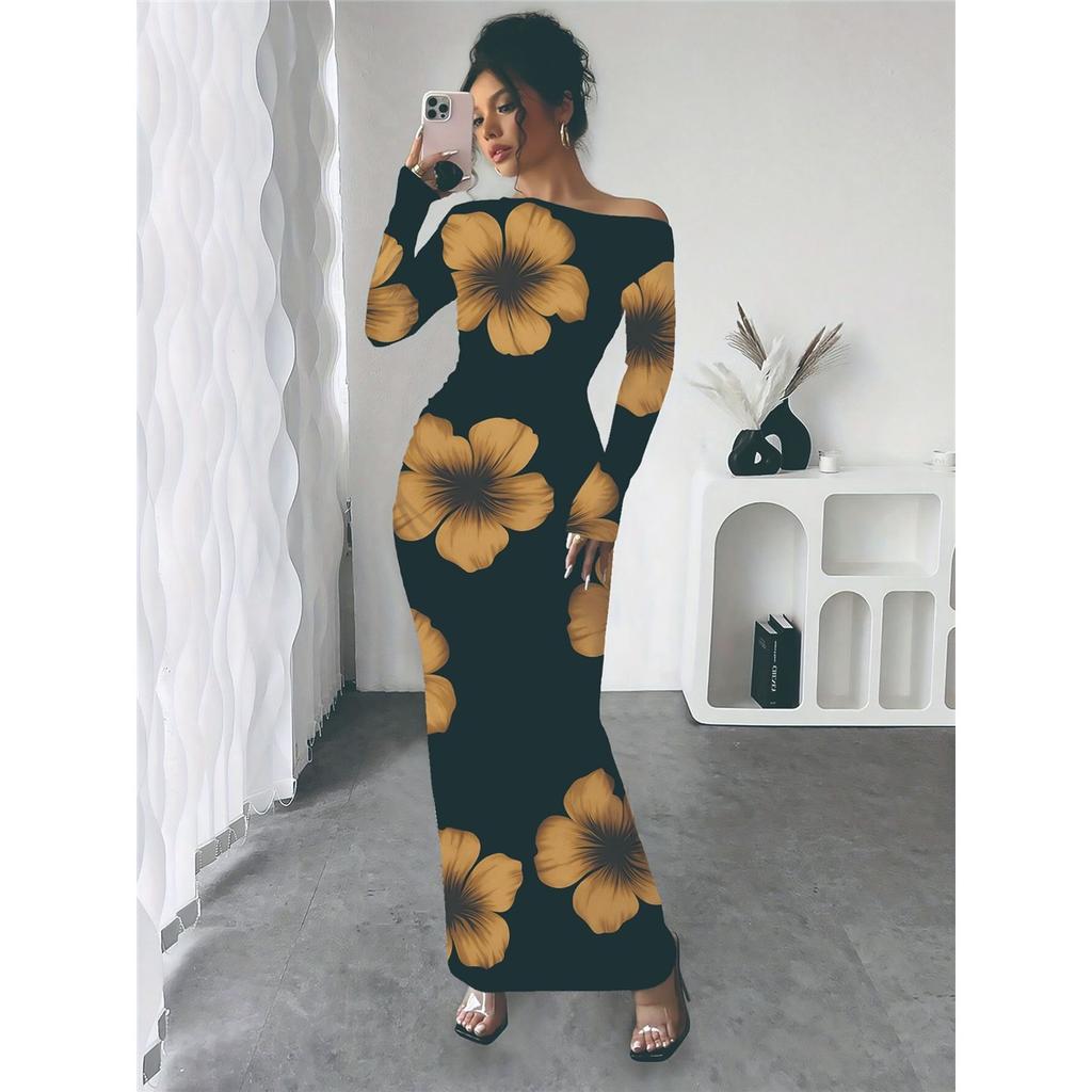 Dámské sexy šaty bez ramínek s dlouhým rukávem, slim střihu, s potiskem