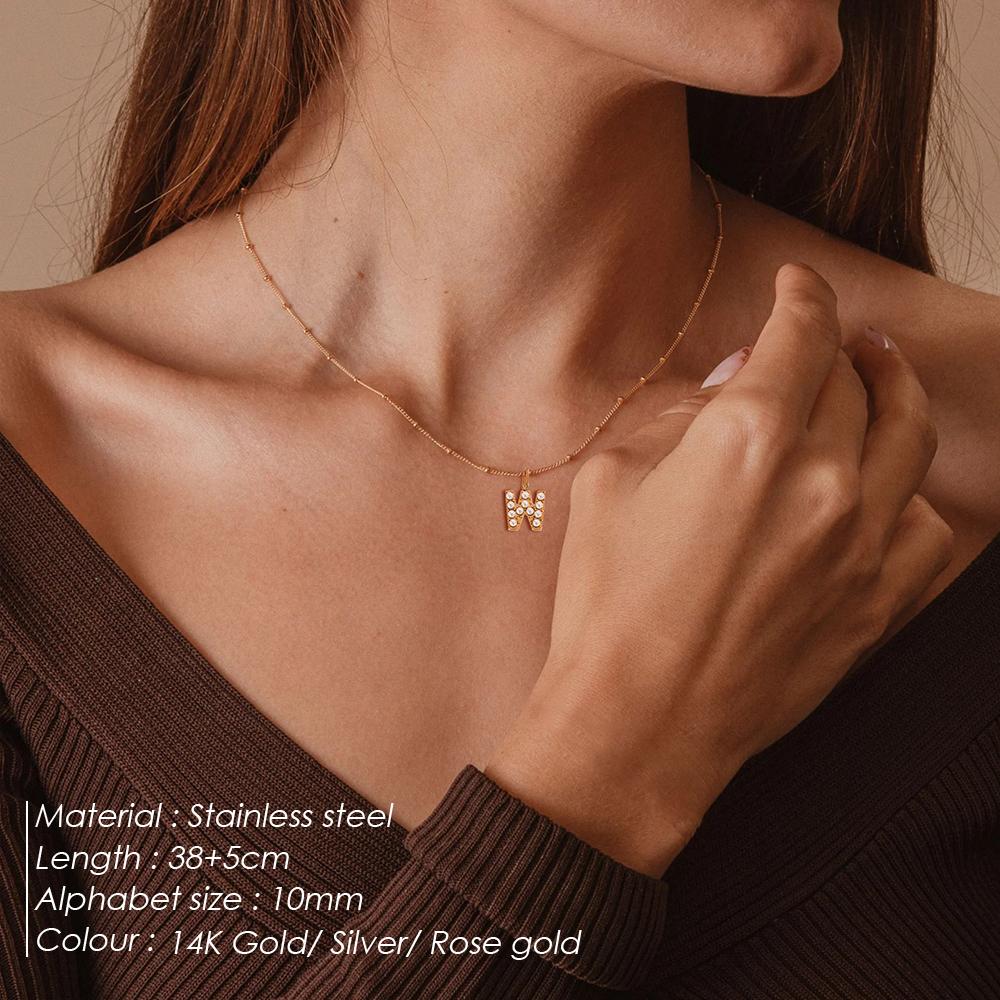 eManco DIY Imitation Pearl Letter Pendant Stainless Steel Cuban Chain Necklace Women's Gold Plated Accessories 48 Hour Shipping