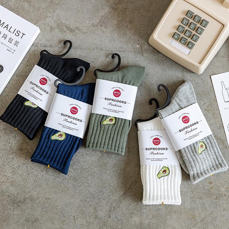 Men's Embroidered Avocado High-Top Cotton Sports Socks - Autumn/Winter Trendy, Breathable, Hip Hop Style.