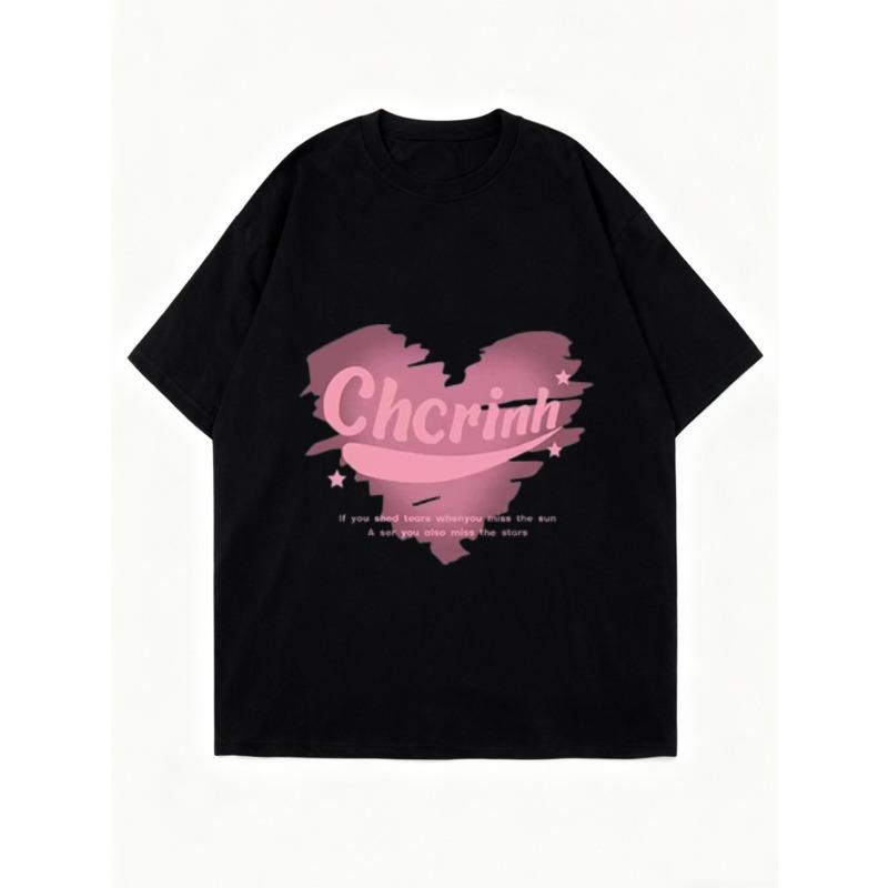 Oversized T Shirt Black Chrinh Heart Print With Stars And Inspirational Quote For Casual Wear