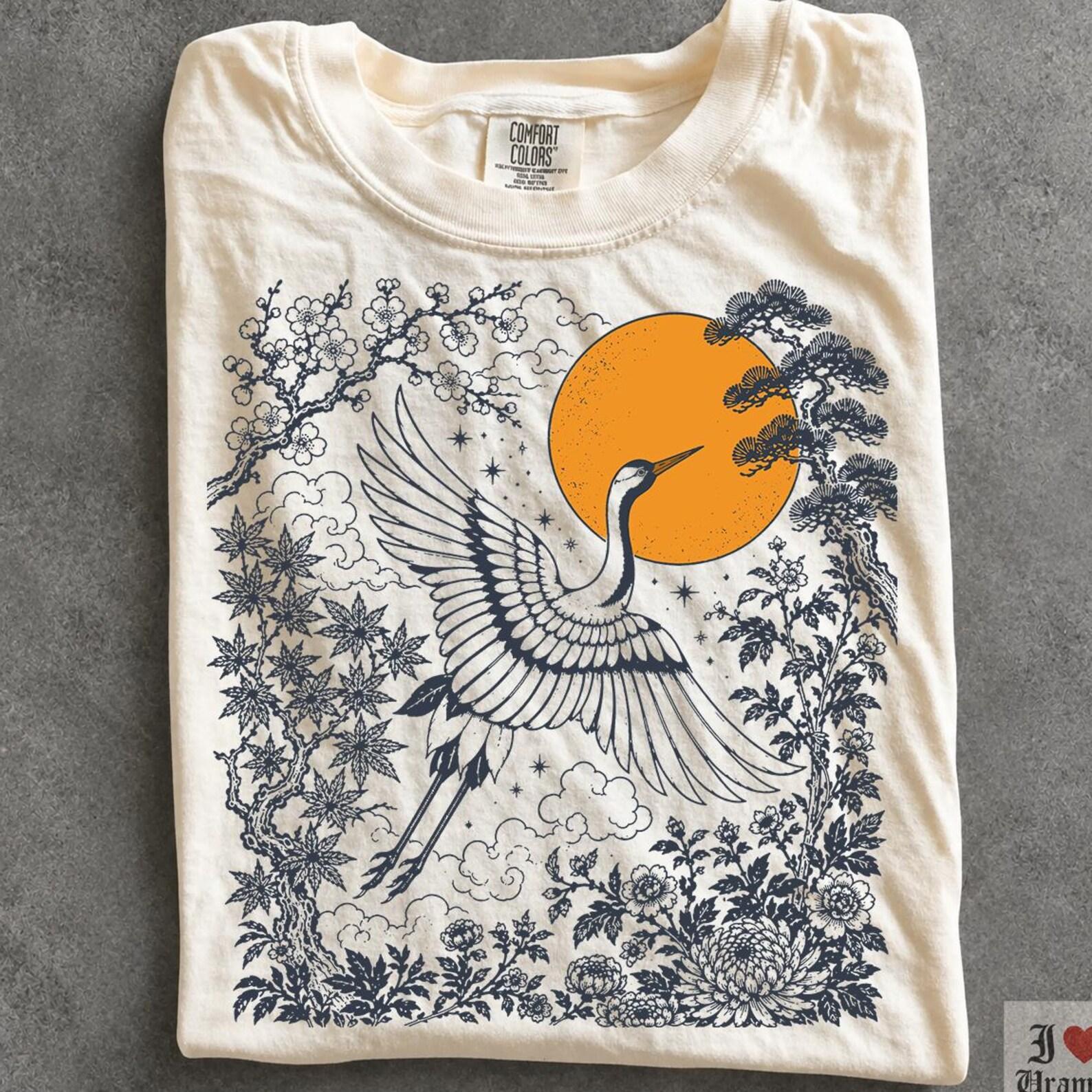 Japanese Crane Comfort Colors® T-Shirt, Vintage Linocut Bird Shirt, Red Sun Naturecore Tee, Folk Art Wildlife Retro 90s Graphic T-shirt 3XL
