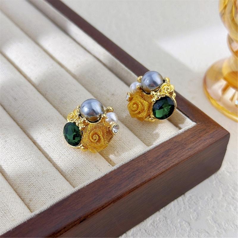 Romance Crystal Earrings Featuring Rose and Pearls Fashion Ear Accessories Delicate Earrings for Everyday Elegances