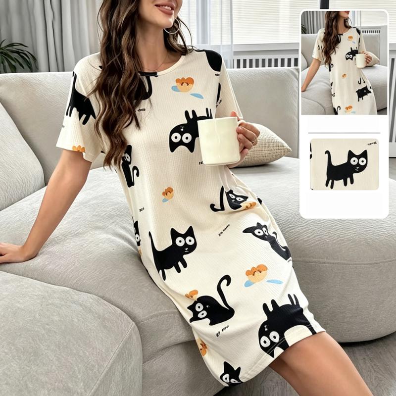 Women's Cute Black Cat Print Nightdress, Casual Loose Short Sleeve Sleep Dress, Soft Summer Loungewear for Ladies