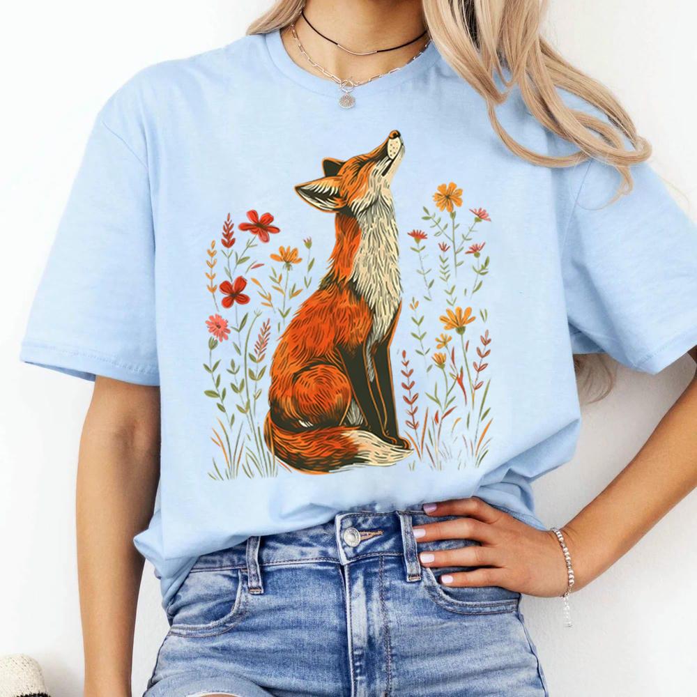 Vintage Wildflower Fox Comfort Shirts Light Academia Cottagecore Forestcore Whimsical Shirt Casual Daily Y2K Top Streetwear