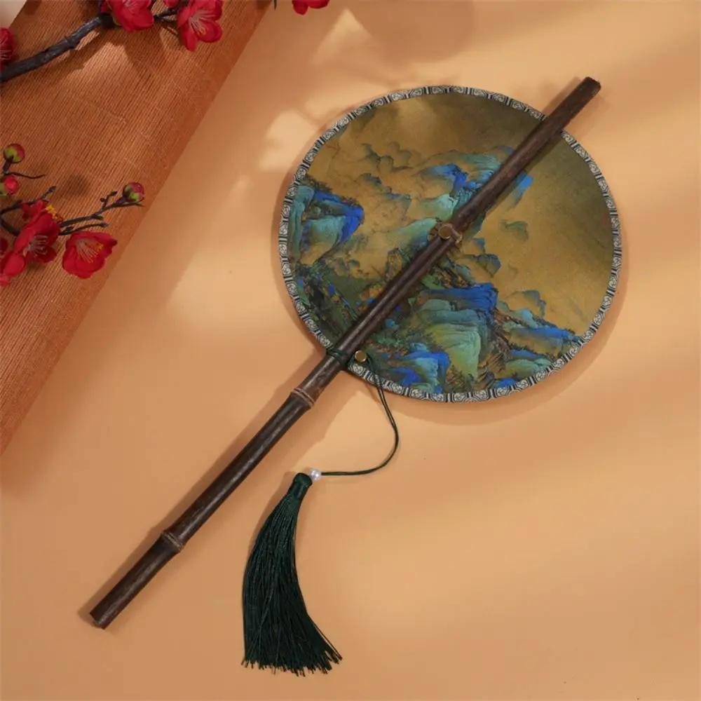 Retro Ancient Style Chinese Bamboo Waist Fan Rollable Foldable Long Handle Fan Decorative Cooling Group Fan Hanfu