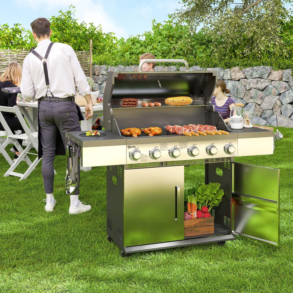 Gas Grill 8500BTU Grill Cart Incl. 6 Stainless Steel Burners, Thermometer, Pressure Regulator, 143 X 55 X 110 Cm, Silver