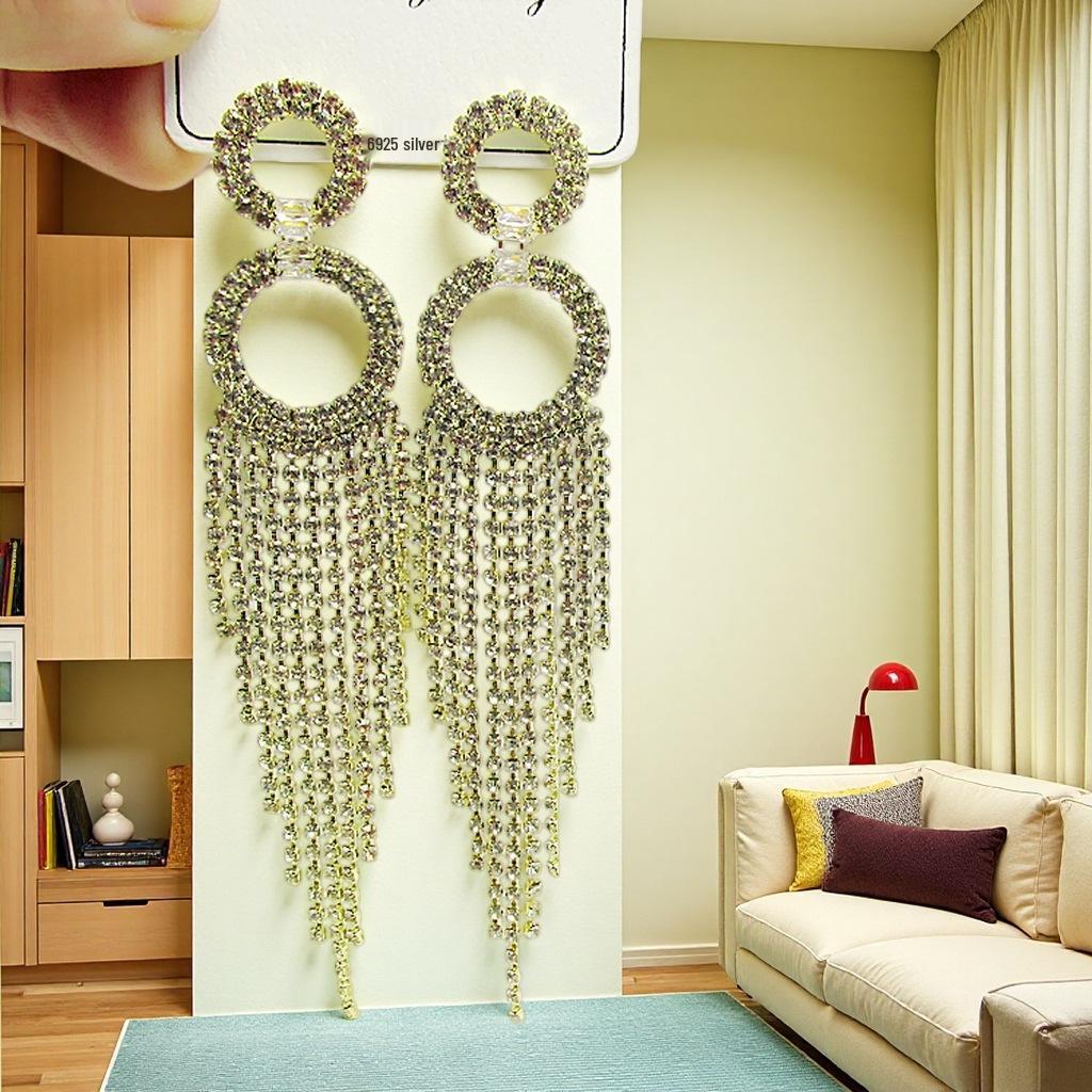 Exaggerated Trendy Long Tassel Rhinestone Circle Dangle Earrings with Micro-Pavé, Cross-Border Fashion High-End Design.