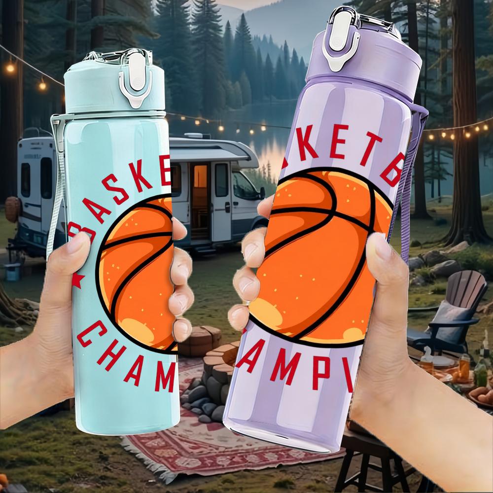 1PC Basketball Champion Circular Emblem 750ml Color Plastic Water Bottle Leakproof Flip Straw Lid For Sports Office Home Use