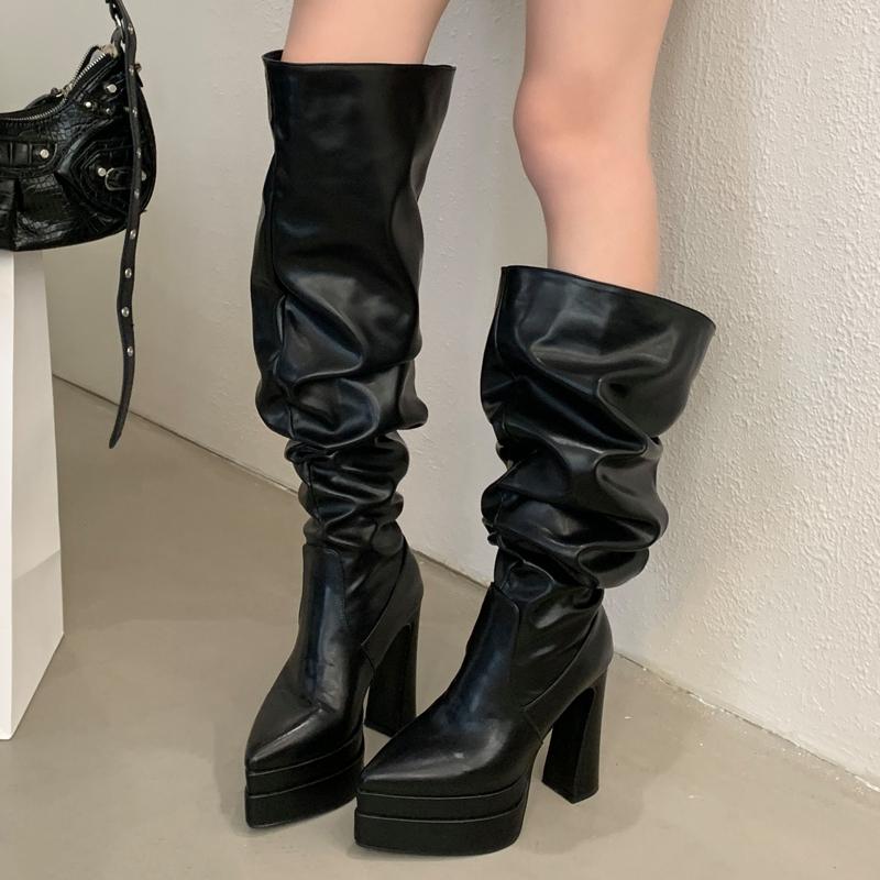 Eilyken  New Winter Fashion Pointed Toe Platform Woman Over The Knee Boots Fashion Punk Chunky Square Heels Shoes