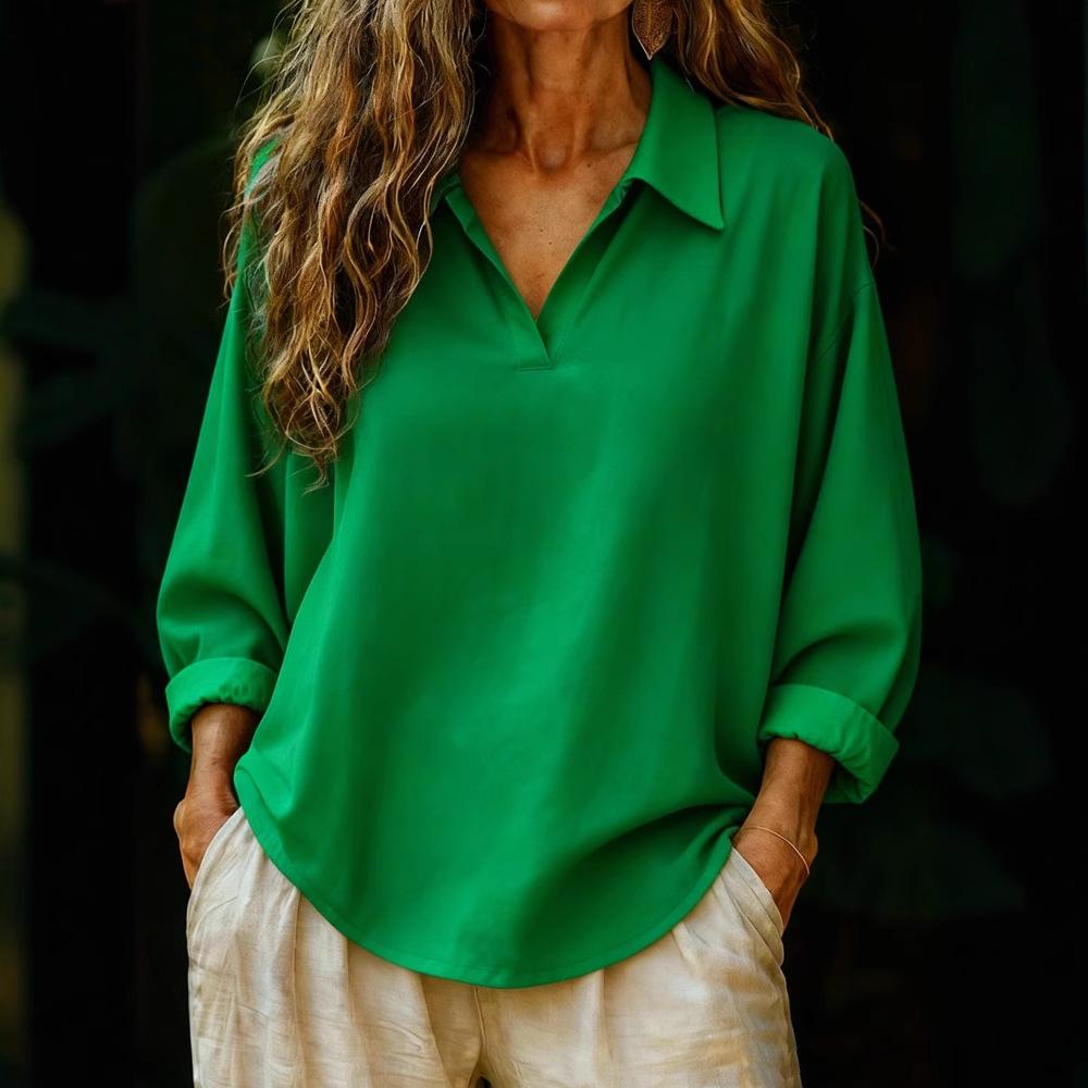 Women's Amazon Spring Shirt Collar Long Sleeve Pullover Solid Color Loose Women's Shirt