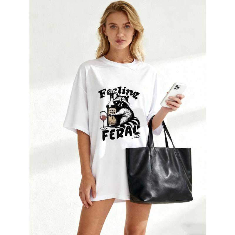 Oversized T Shirt Black Feral Cat Drinking Wine And Fancy Juice Graphic Print Casual Streetwear For Women