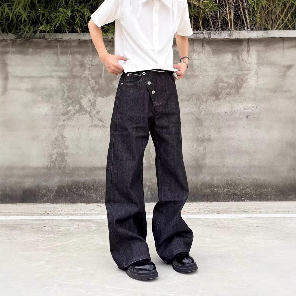 Amerikanischer Retro-Design-Sinn mit schrägem Knopfleisten-Einknopf-Design Schwarze Weitbein-Jeans für Herren und Damen Lockere lässige vielseitige Hosen Trend