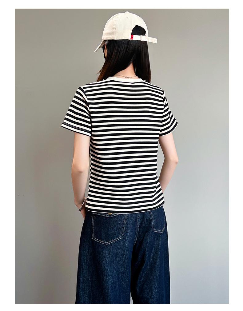 Women's High-End Hong Kong Style Black & White Striped Loose Summer T-Shirt
