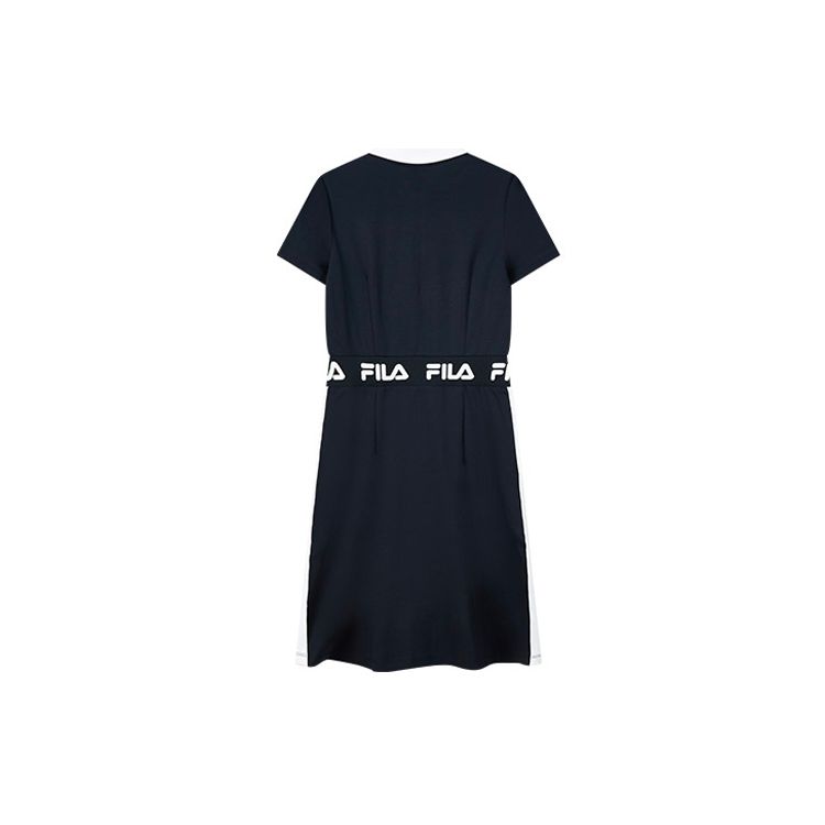 Fila Logo Print Waist-Defining Sports Fashion Casual Short Sleeve Dress Women Dresses Legendary-Blue F11W138304F-NV