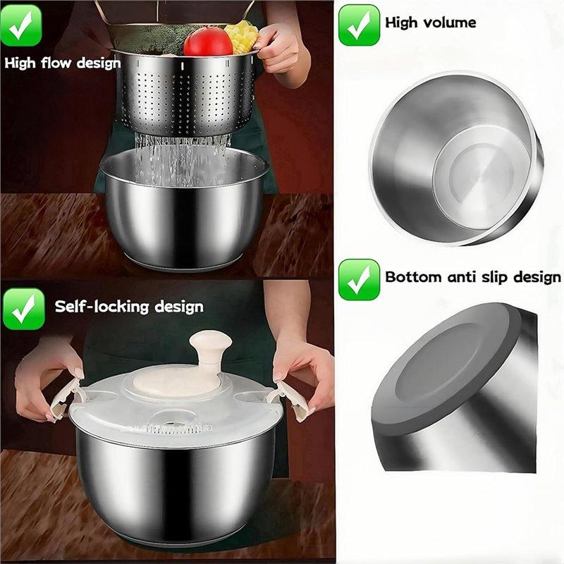 A25F-Quick Spins Salad Spinner Stainless Steel, Lettuce Spinner, Fruit Washer For Household Use On Vegetables And Pasta
