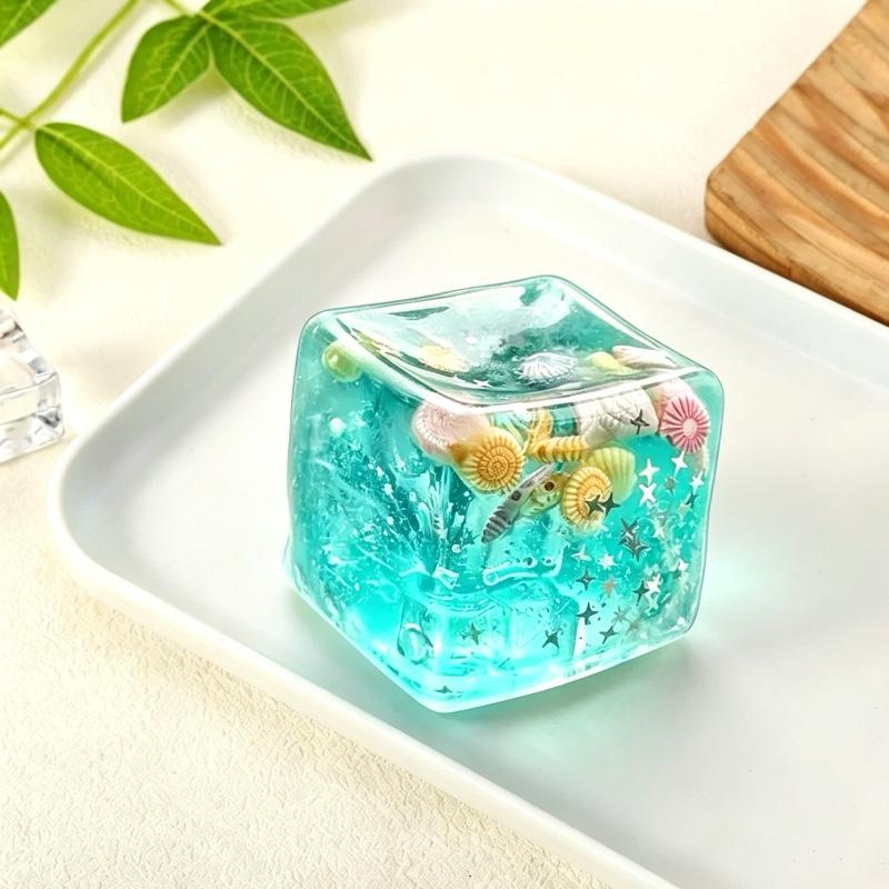 Clear Square Ocean Stress Relief Fidget Toy Glitter Sequins Seashell Inlay for Office Desk Decoration Adult Use