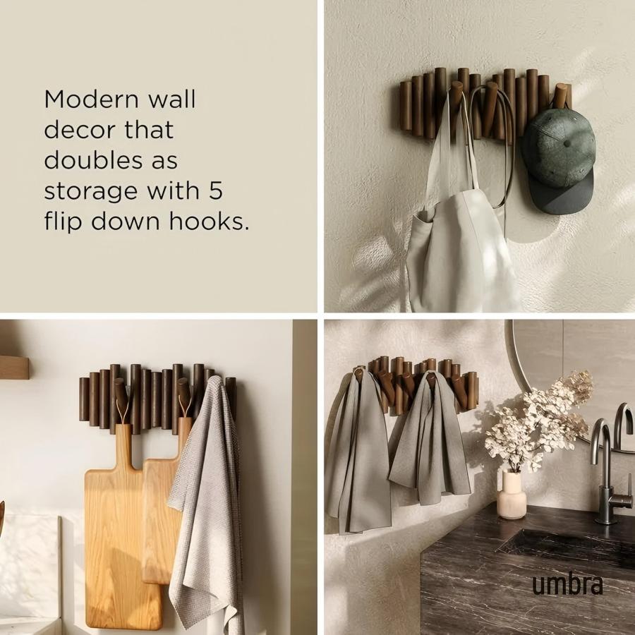 Wall-Mounted Coat Rack Rail Hook with 5 Retractable Wood Pegs – Modern, Space-Saving Storage Organizer,Aged Walnut