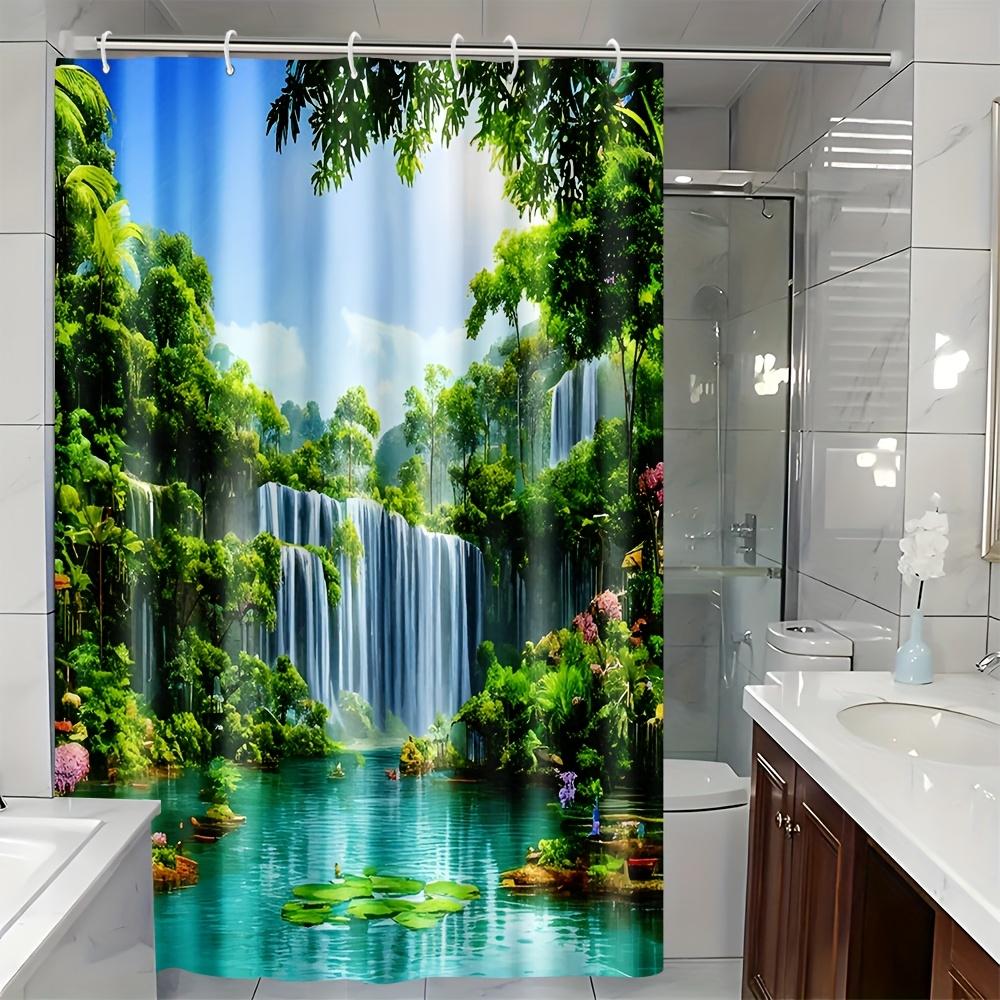 1Pc Nature Landscape Shower Curtain Extra Large Waterfall Tree Print Bathroom Partition Curtain, Machine Washable Bathroom Decor