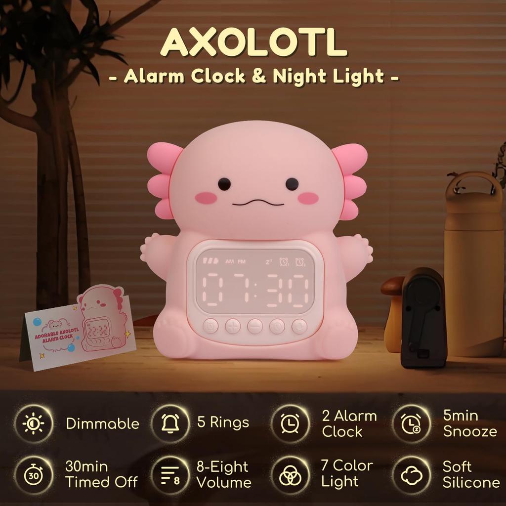 Axolotl Alarm Clock with Night Light for Kids Cute Bedroom Alarm Clock with RGB Lighting OK to Wake Clock Silicone Animal Tabletop Lamp For Teen Girls