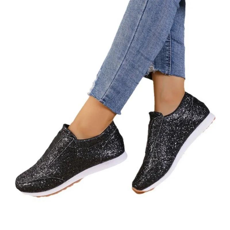 Luxury Women Loafers Causal Shoes Gold Silver Sequin Leather Shoes for Womens Four Season Slip-on Sneakers Women's Flat Shoes