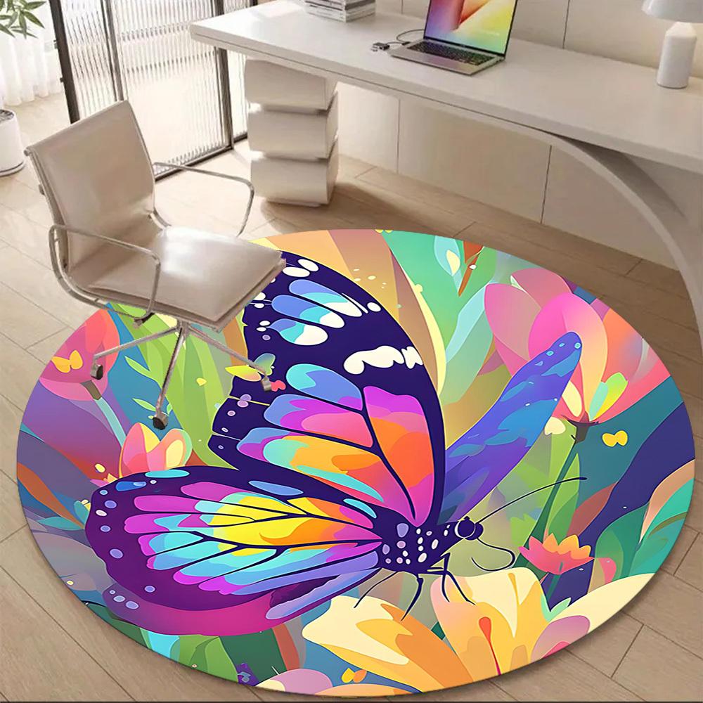 1PC Butterfly Garden Pattern Office Round Area Rug, Mat Suitable For Office, Under Office Chairs Bedroom Living Room Home Decor, Room Deco