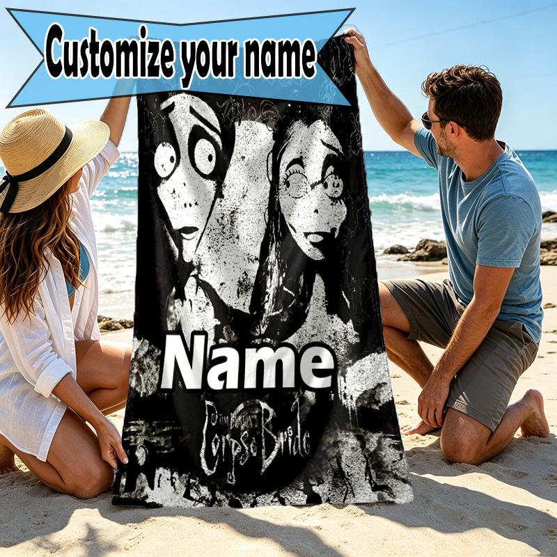 Custom Name Personalized Corpse Bride Print Beach Towel, for Trip Camping Beach Party Home Decor, Birthday Gift for Family & Friends
