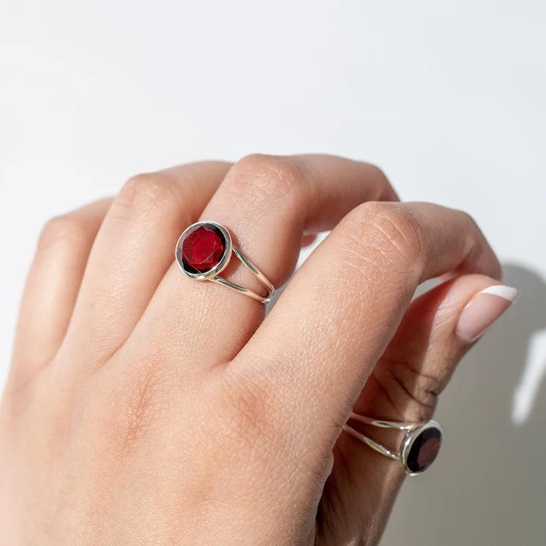 Round Garnet Gemstone Ring, Handmade Designer Ring, Gift For Her, Birthday Jewelry, Statement Ring, Wedding Gift