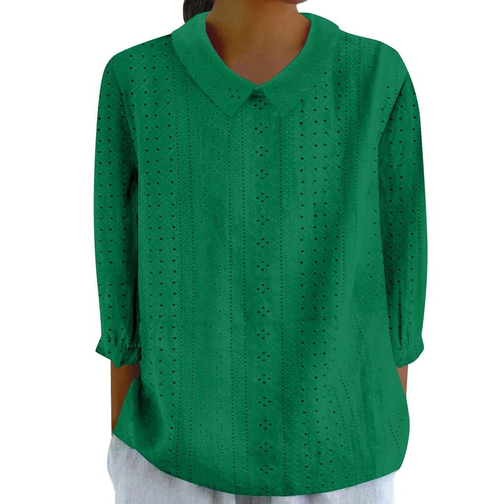 Button-Down-Hemden für Damen, Ösen-Spitzenkragen, 3/4-Ärmel, einfarbig, lässig, lockere Passform, bequem, für den Herbst, für den Alltag