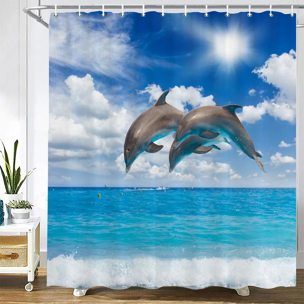 Dolphin Shower Curtain, Blue Underwater World Marine Life , Polyester Fabric Kids Ocean Theme Bathroom Decor Set with 12 Hooks