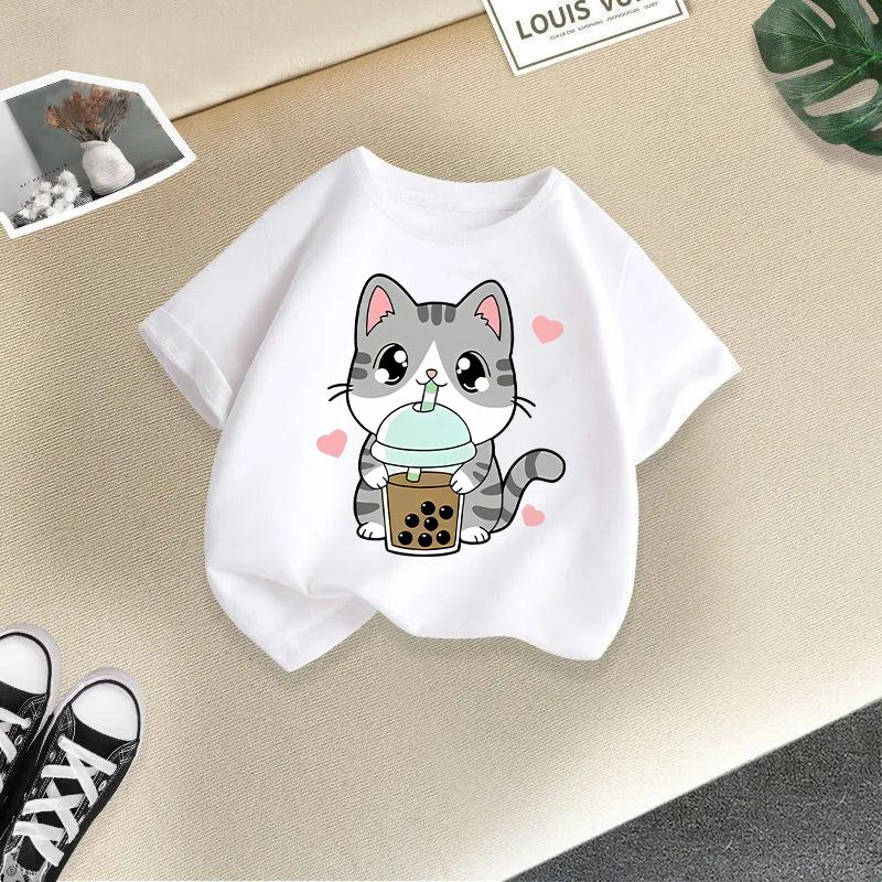Dětské tričko s potiskem kočky Dětské 100% bavlněné oblečení Topy 2-13Y Volný střih Ležérní Kulatý výstřih Krátký rukáv