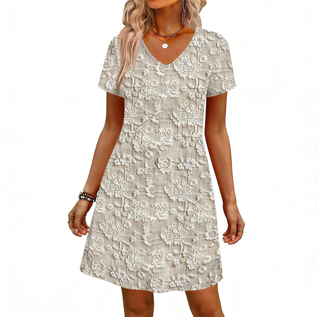 Modisches Damenkleid mit Print, V-Ausschnitt, kurzärmelig, locker, lässig, für den Strandurlaub