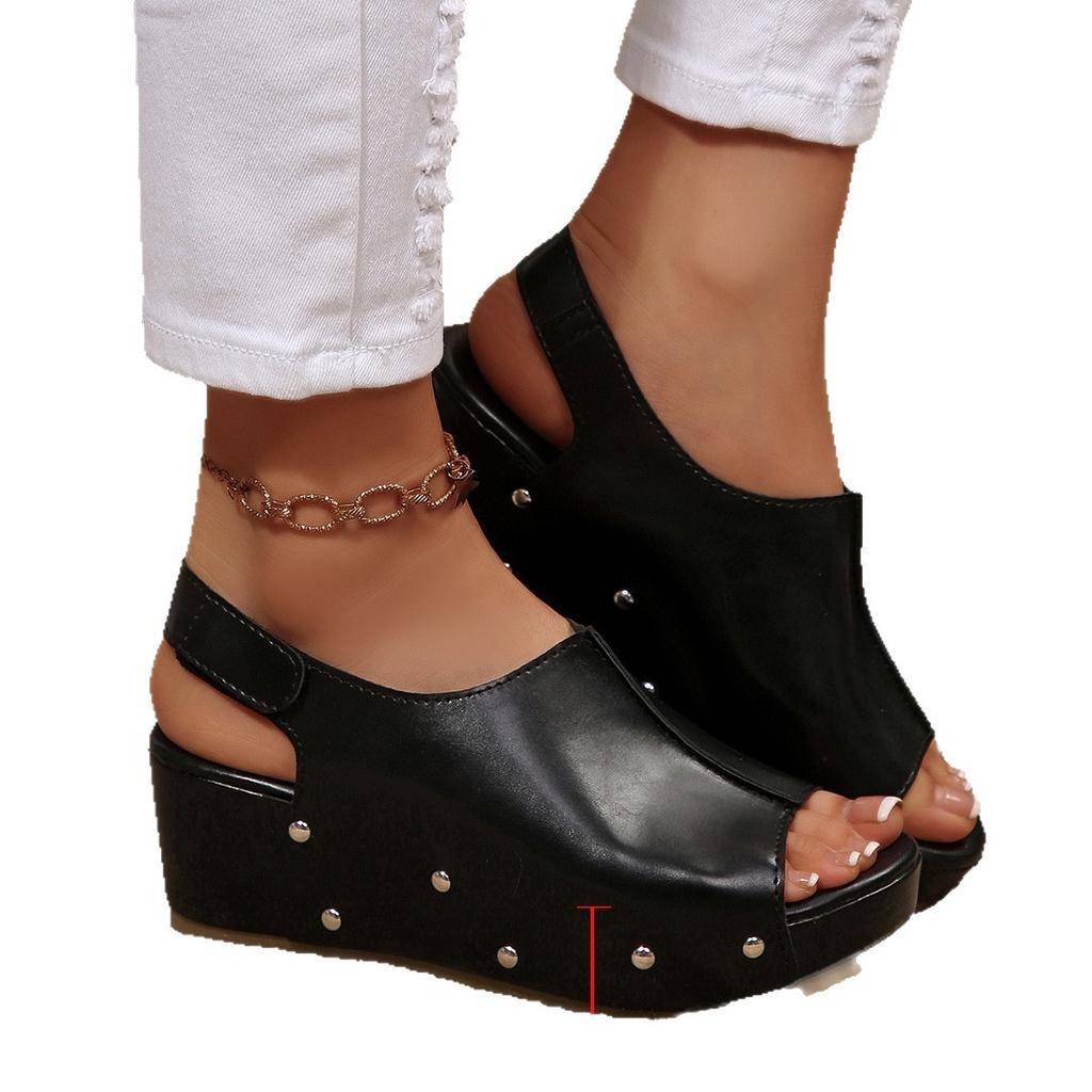 22 Summer New European and American Thick-soled Heightened Wedge Sandals Large Size Rivets Fish Mouth Open-toed Shoes