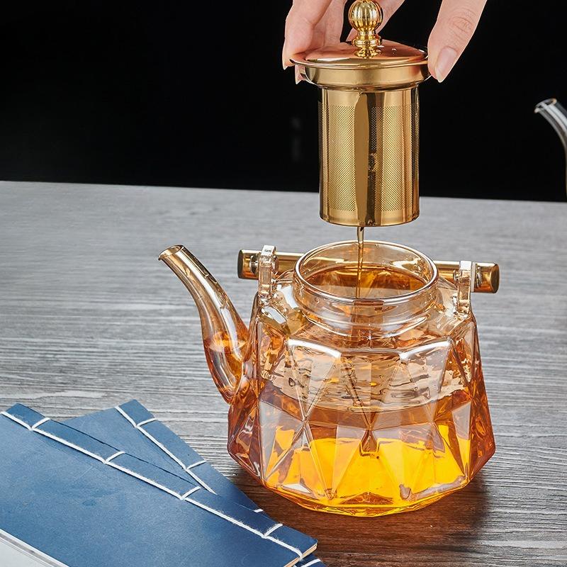 Transparente Borosilikatglas-Teekanne Blumen-Teekanne Haushalts-Großraum-Edelstahl-Teefilter-Teetrennungskanne